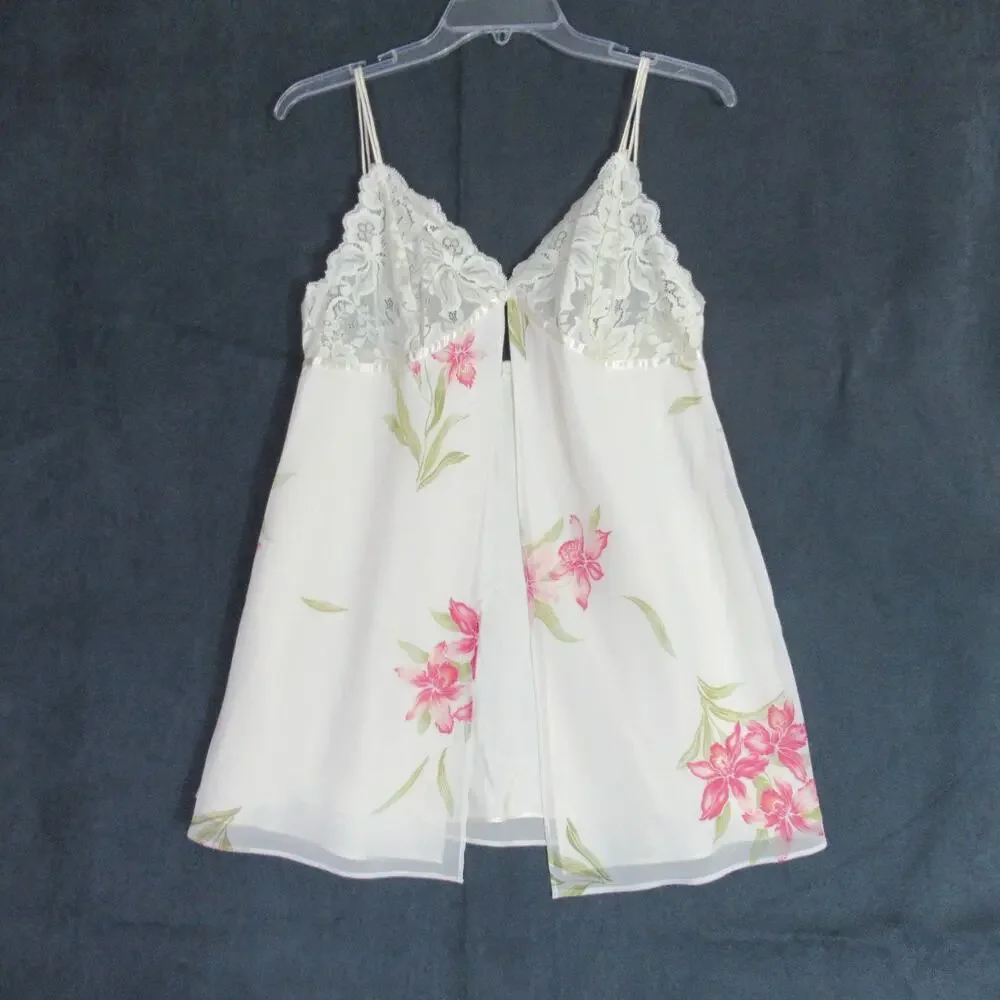 Valerie Stevens Chemise Womens M Cream Floral Lace Lingerie Babydoll Nightgown